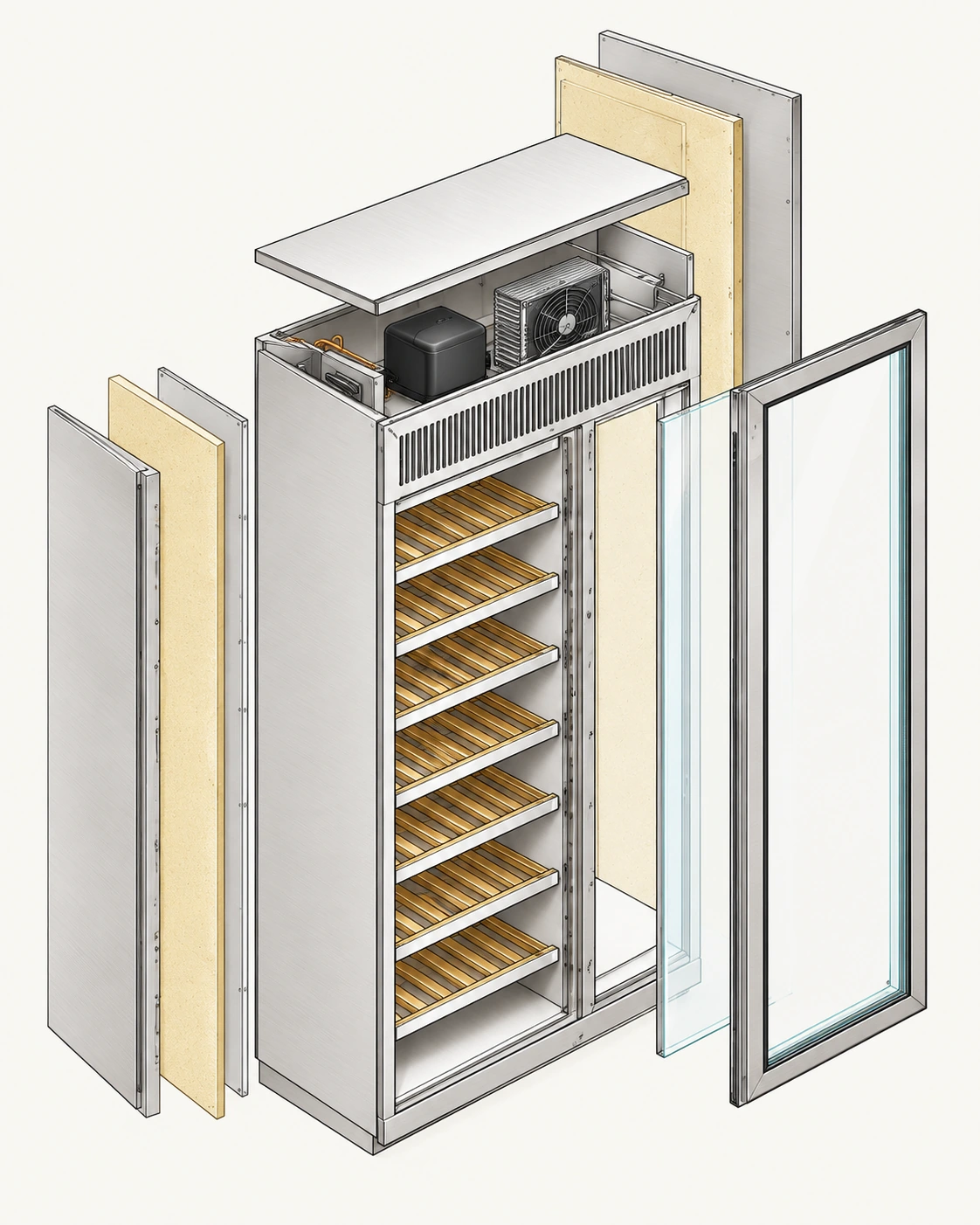 Exploded construction illustration with top-mounted compressor and fan, insulated side and rear panels, and glazed door
