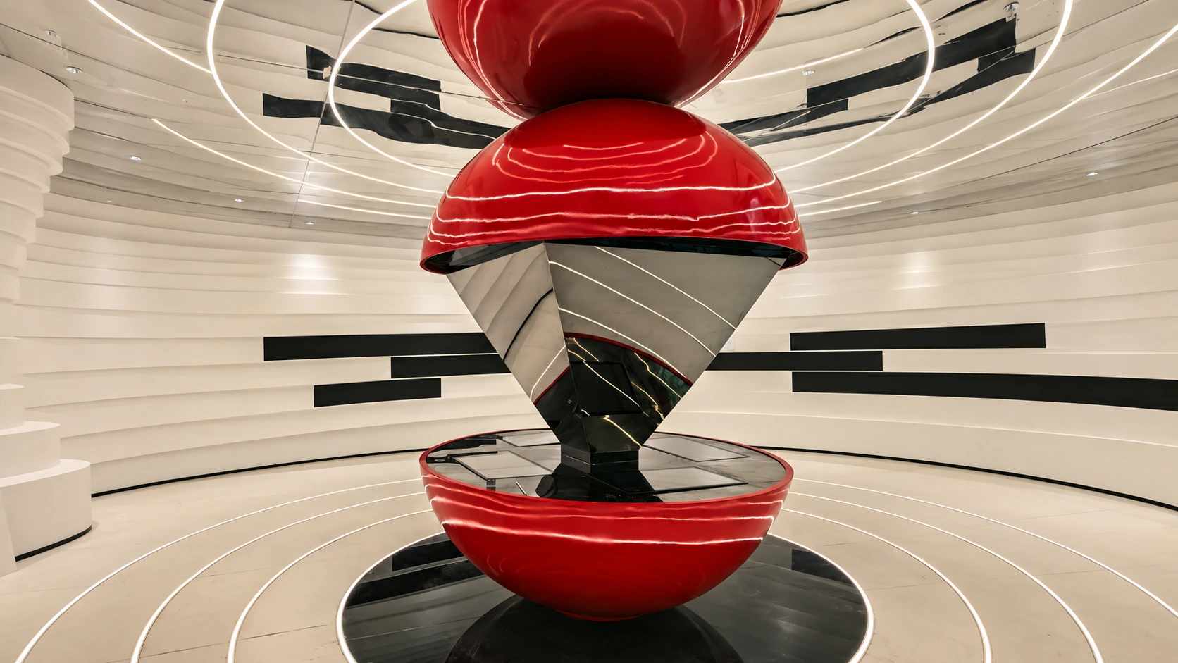 Sculptural installation with red hemispheres and faceted mirrored elements