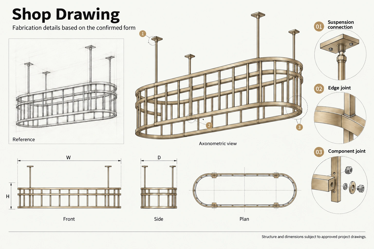 Hanging-rack fabrication illustration with reference sketch, assembled form, orthographic views and connection details