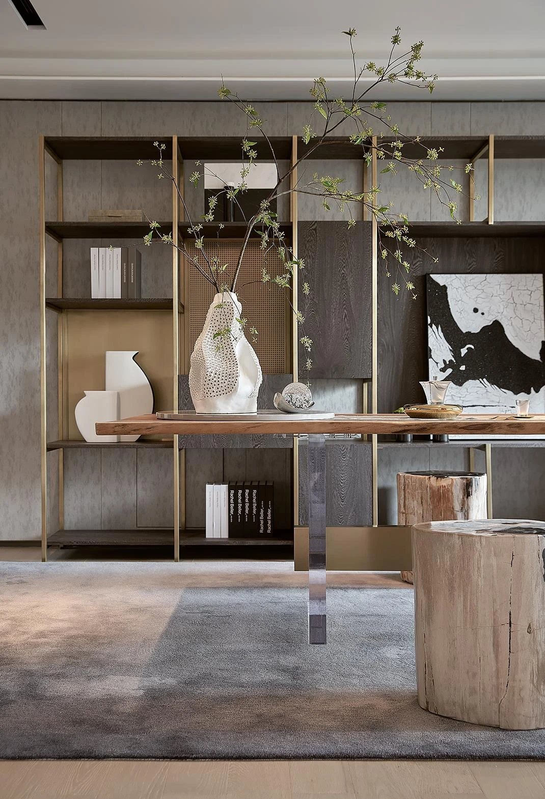 Mixed-material shelving — metal and wood