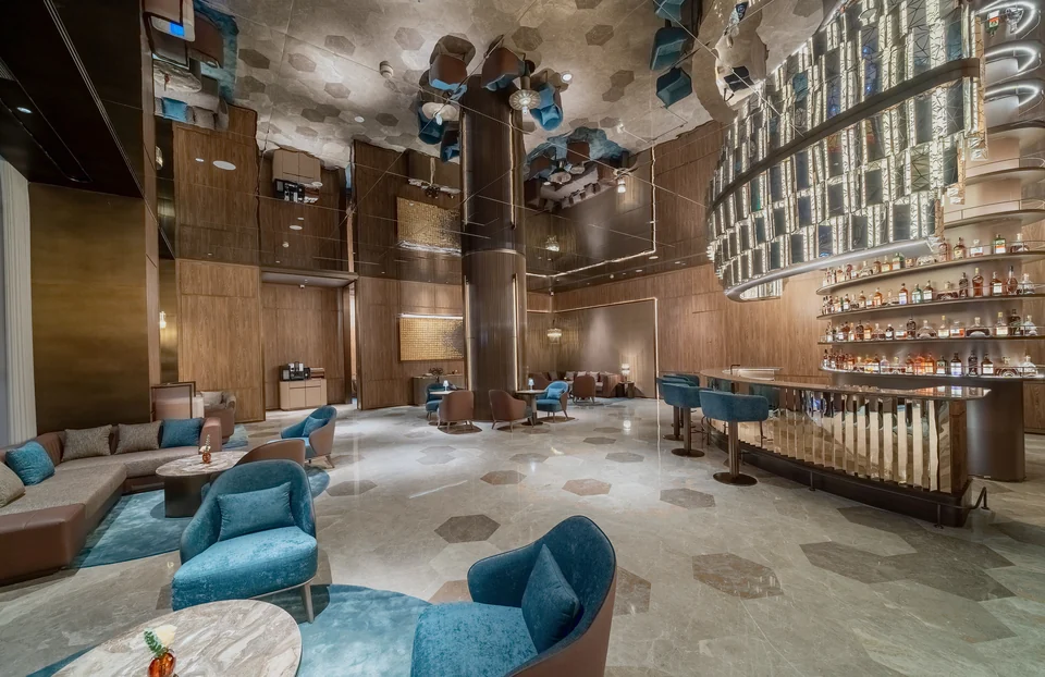 Completed double-height lobby and bar interior at the Crystal Orange Hotel in Shaoxing.