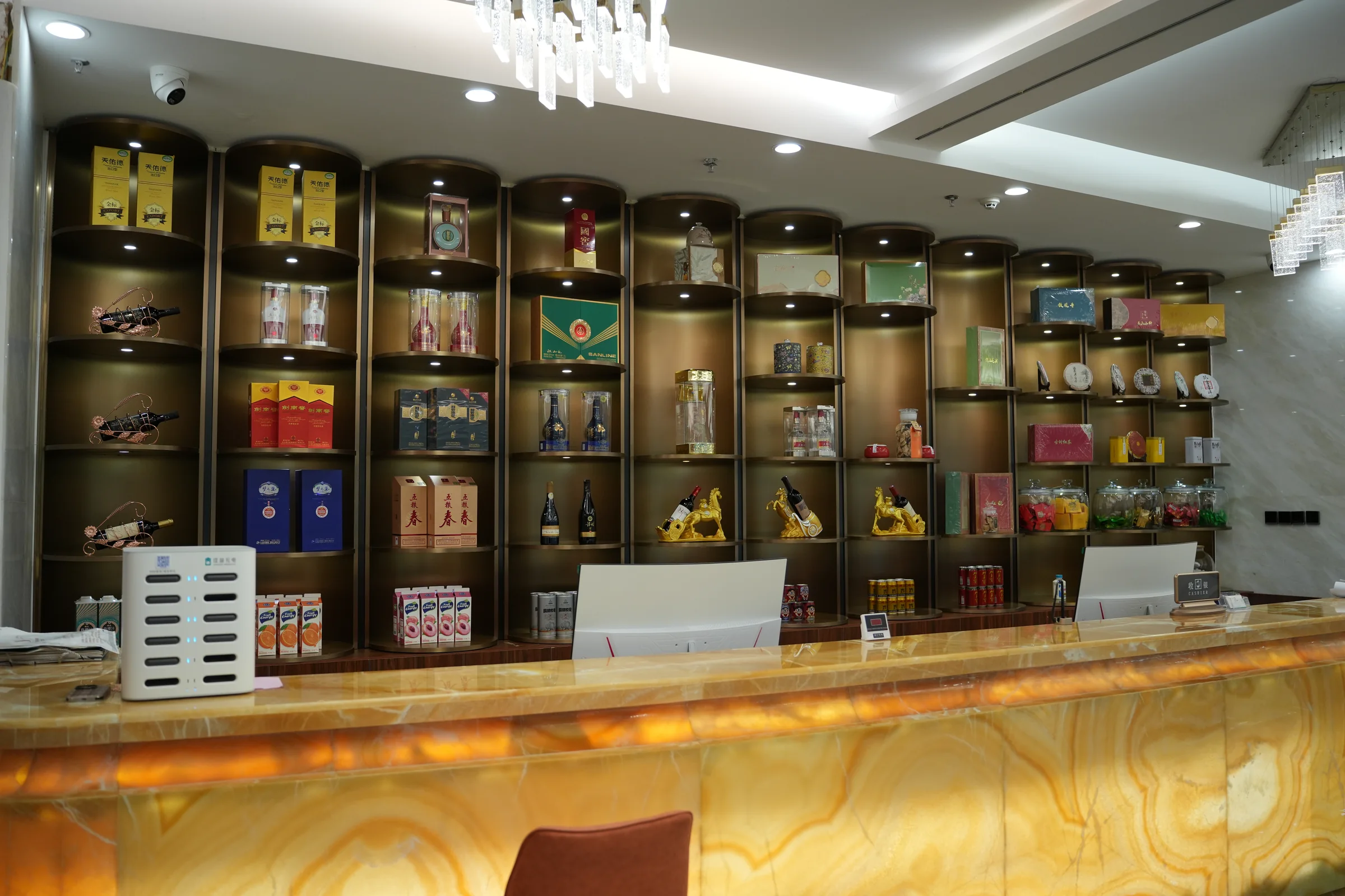 Reception and illuminated display wall in Longjiang Seafood Restaurant, Xining