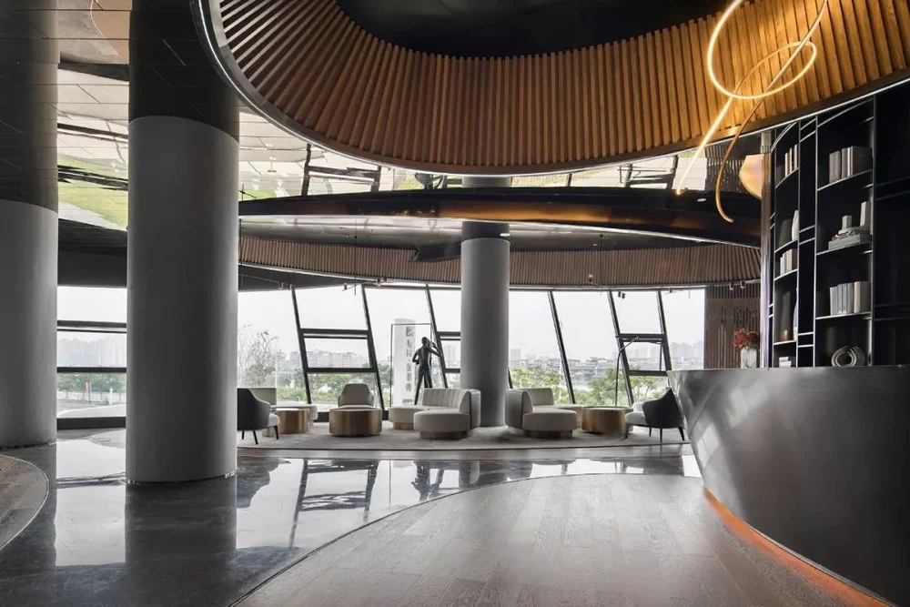 Column cladding application reference in a public interior.