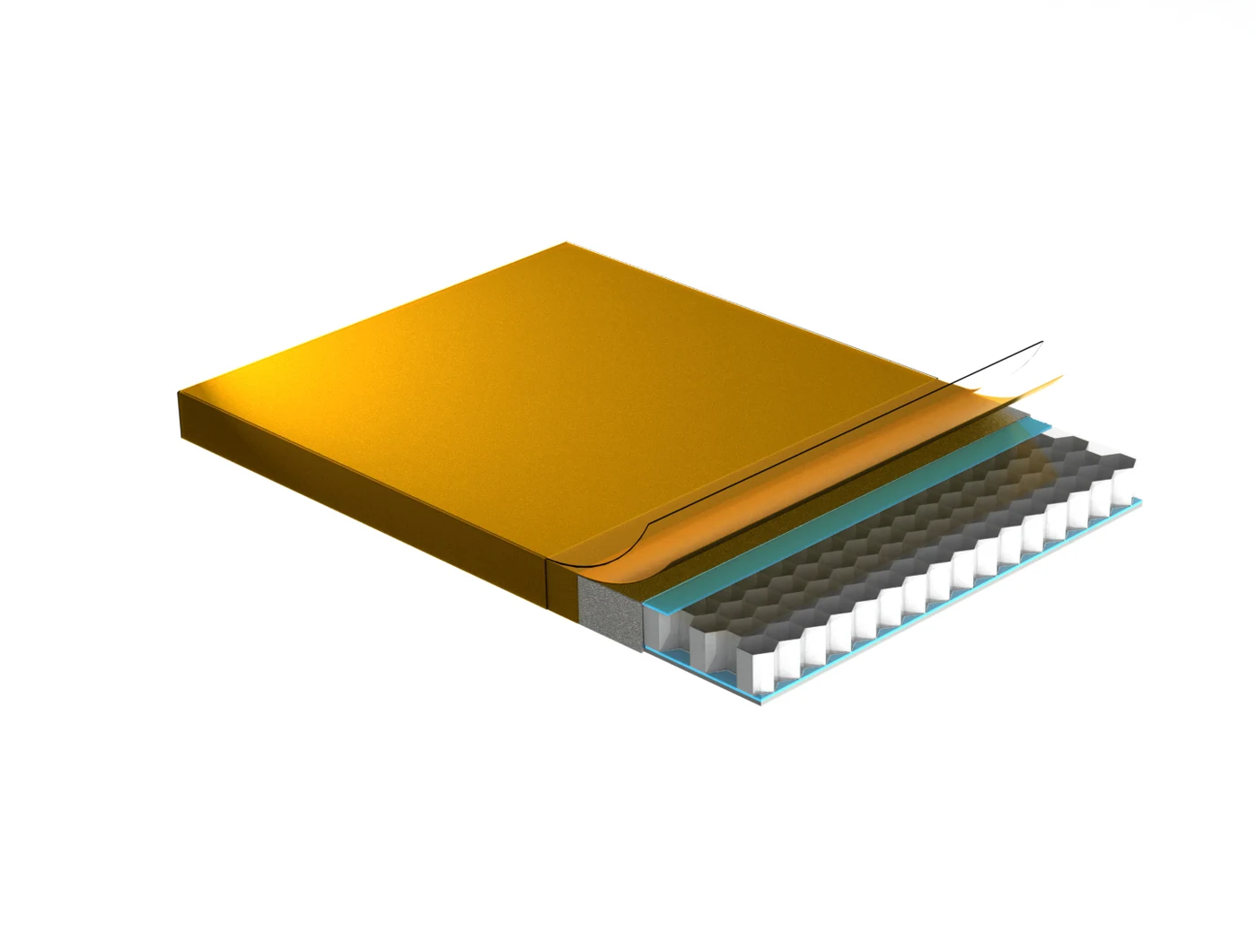 Existing illustration of a gold-faced honeycomb composite panel and its layers.