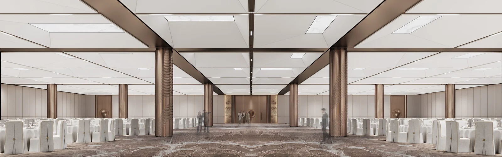 Architectural rendering of a large hall with a rectilinear ceiling grid.