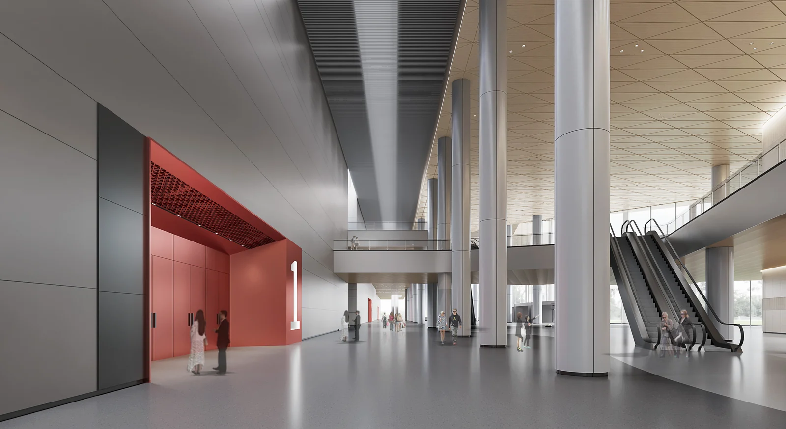 Architectural rendering of elongated ceiling planes above a tall circulation hall.