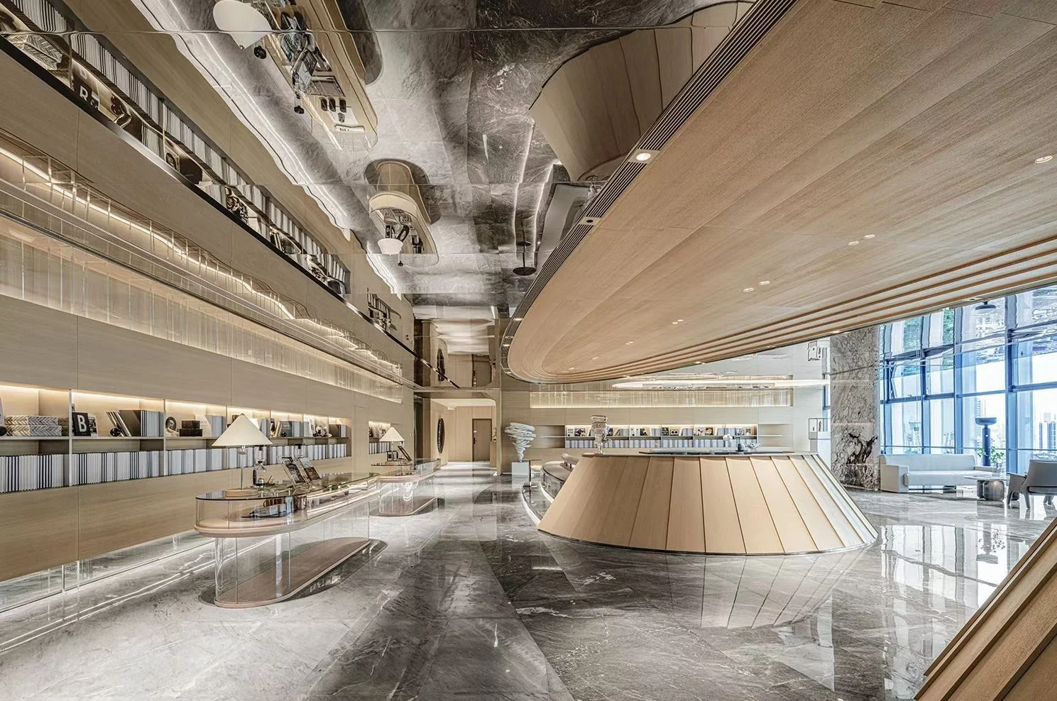 Reflective stainless steel ceiling in an interior space