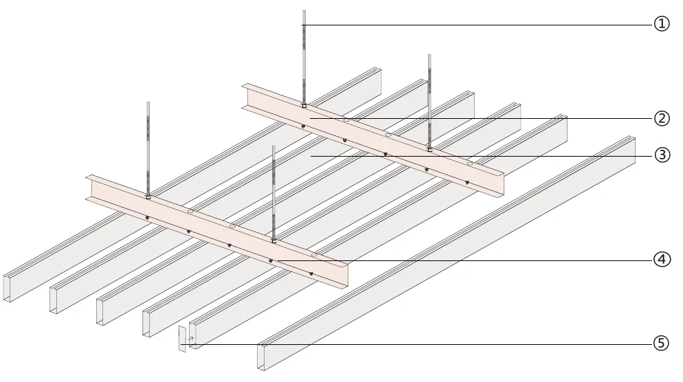Original catalog illustration of aluminum profile baffles and their suspension components.