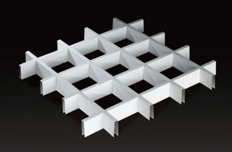Interlocking blades forming an open-cell ceiling grid.