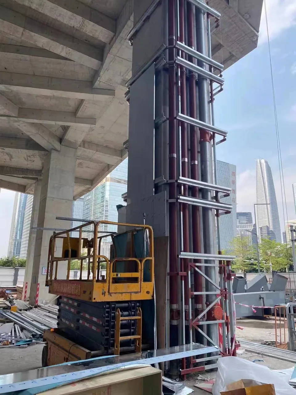 Visible column framing, services and panel interfaces at an installation site
