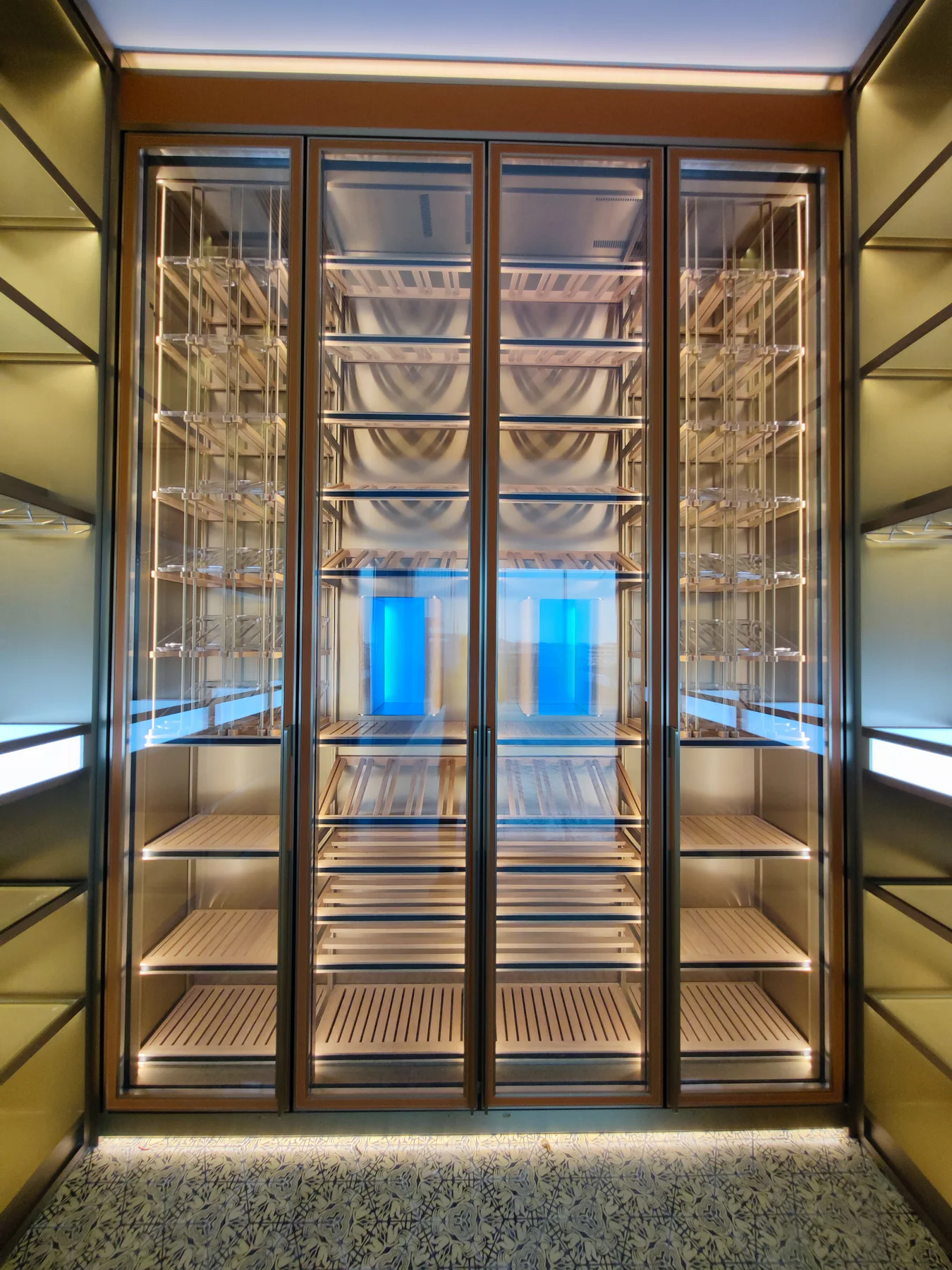 Glazed wine-cabinet design reference for coordinating metal cabinetry and specialist equipment