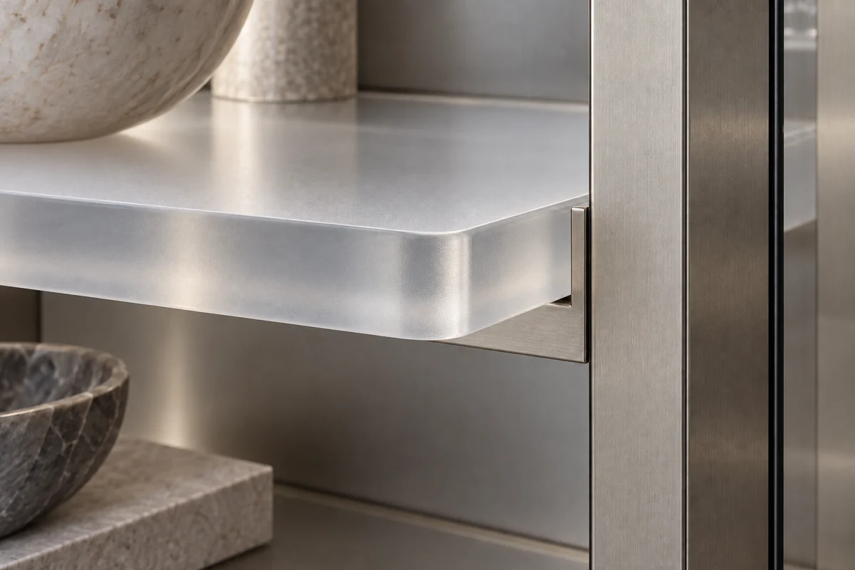 A sandblasted frosted acrylic cabinet shelf with a satin translucent edge on a brushed metal support