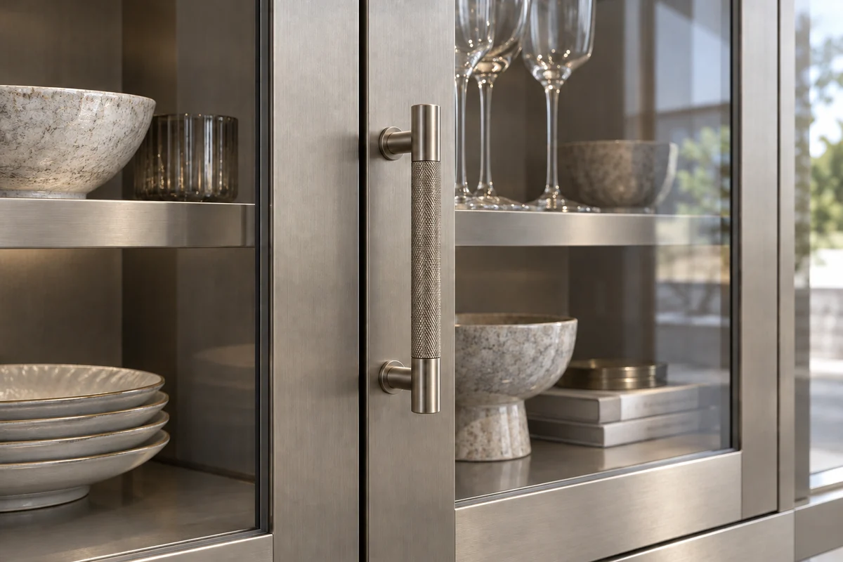 A complete textured metal pull with two visible mounts on a brushed metal cabinet door