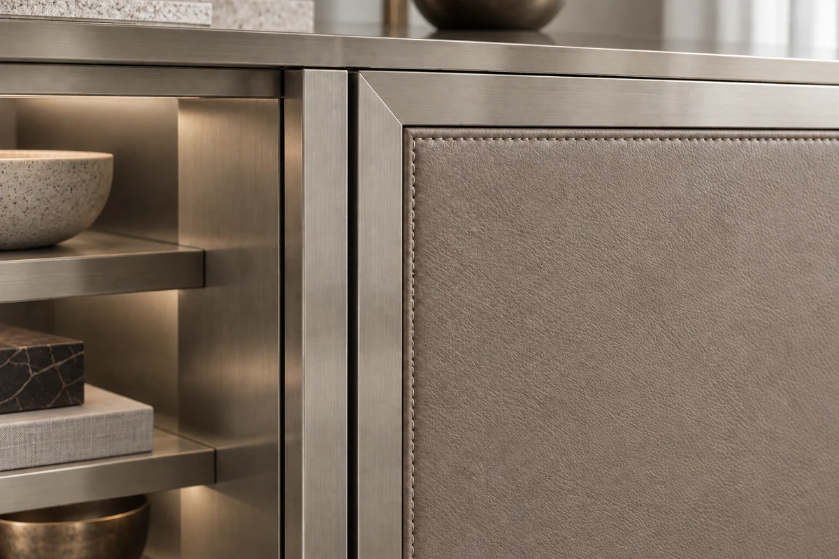 Stitched taupe leather inset meeting a brushed champagne-toned metal cabinet door frame