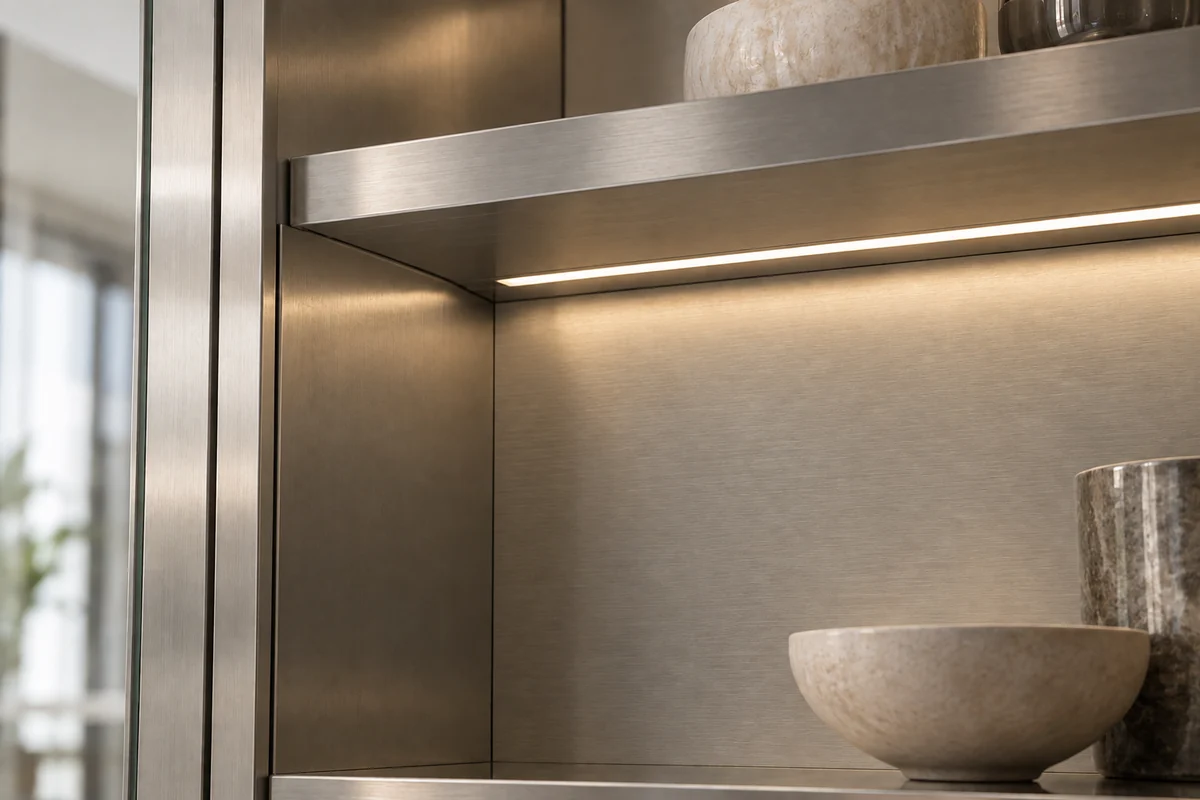 A single rear linear light beneath the cabinet shelf washing the back panel, with no side light
