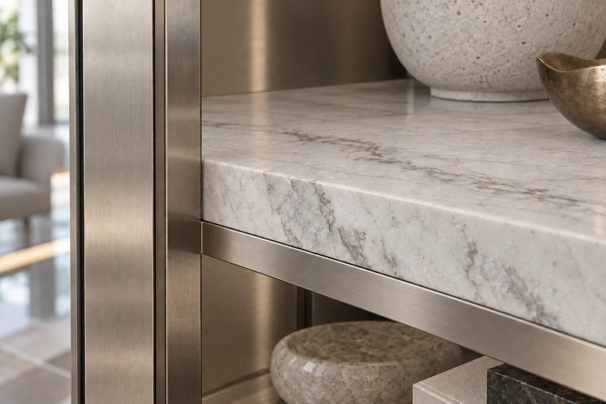 A veined ivory stone cabinet shelf meeting its champagne-toned metal support frame