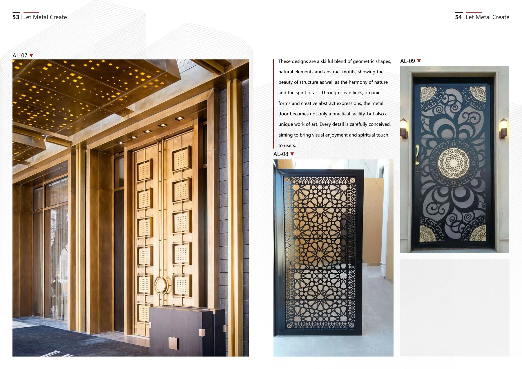 Stainless steel door catalog: decorative patterns and ring pulls