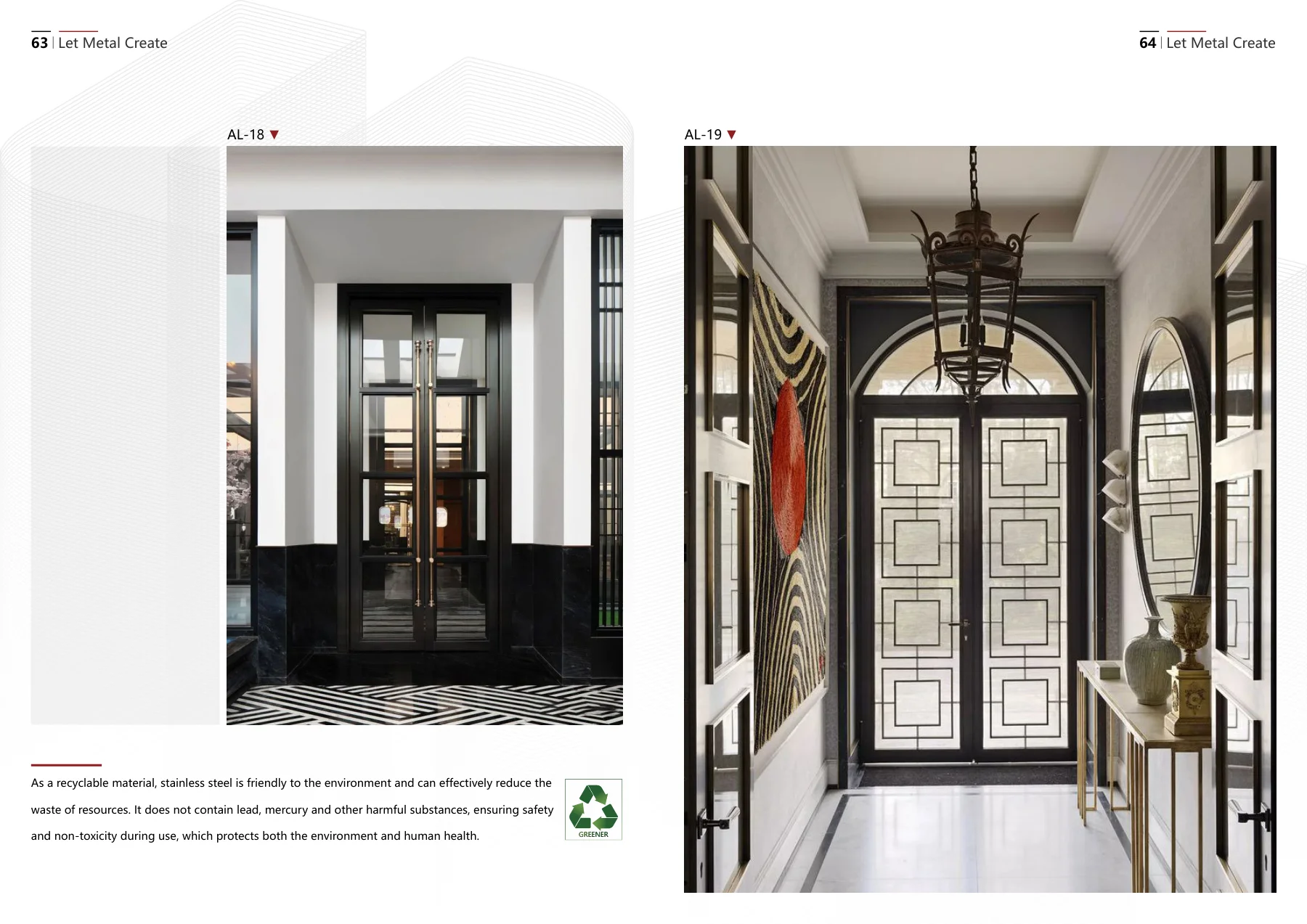 Stainless steel door catalog: metal framing and glass combinations