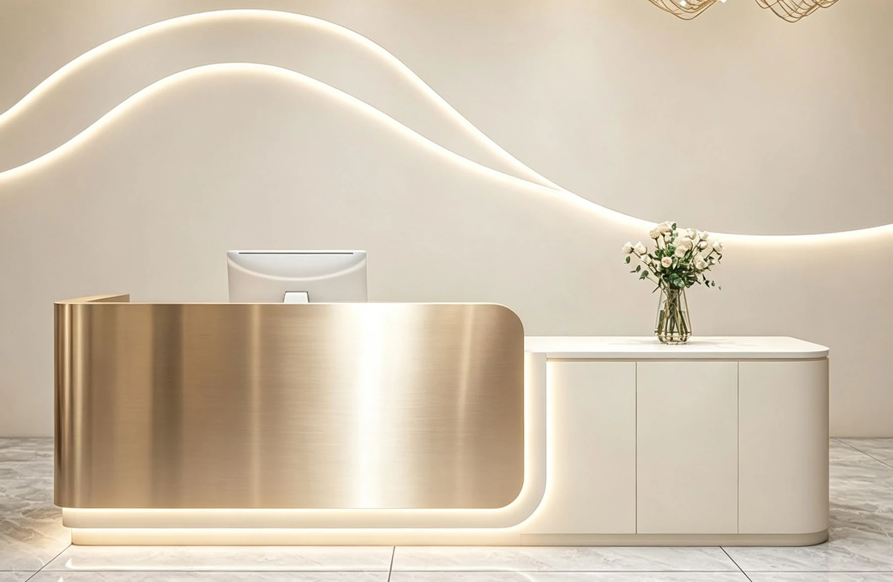 Curved metal face with linear lighting