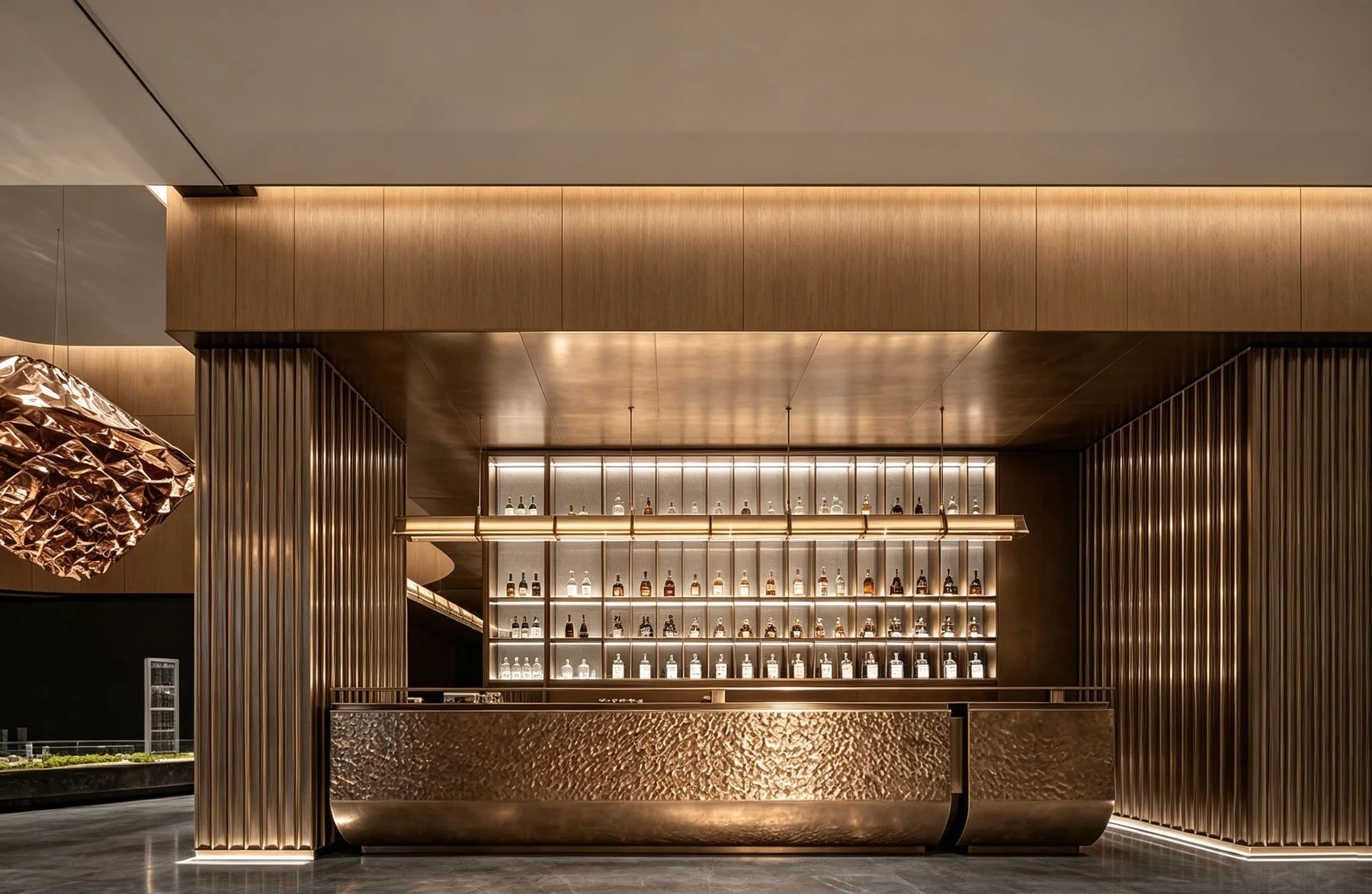 Lounge bar with a textured metal front