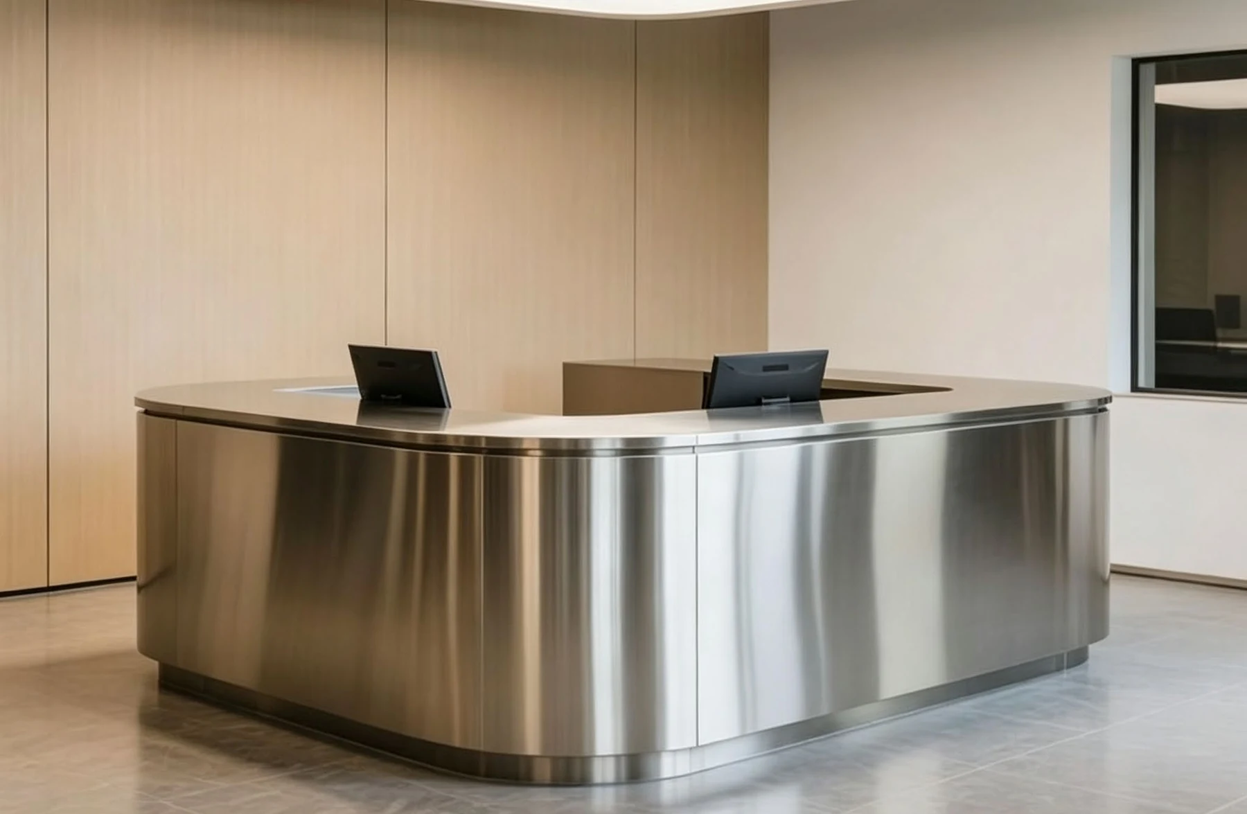U-shaped reception counter with a metal finish