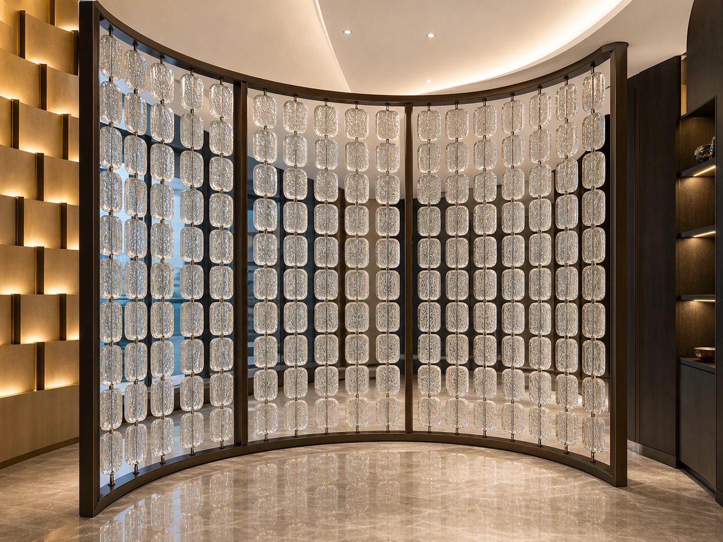 Curved full-height tube-linked crystal screen with a dark metal frame in a luxury interior
