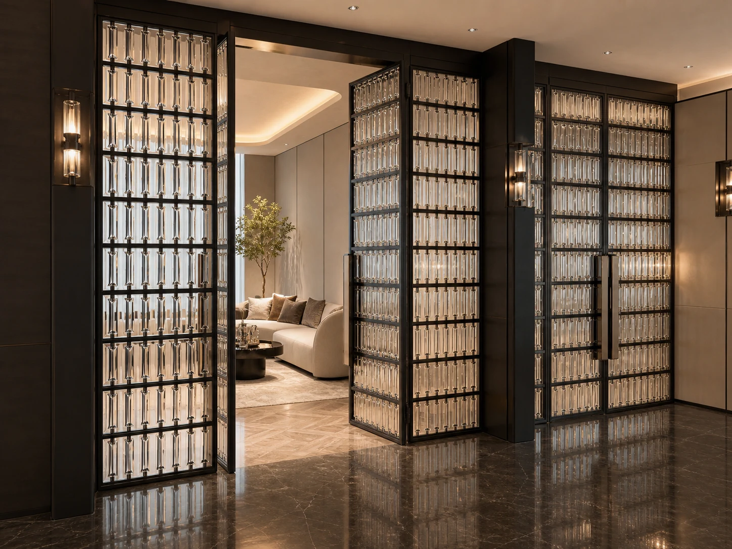 Full-height clear rectangular crystal screens with dark metal frames dividing a luxury interior