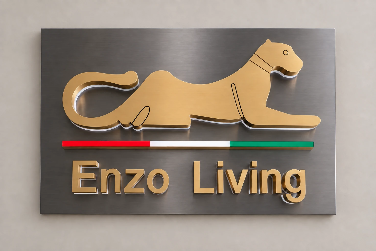 Enzo Living metal logo and lettering on a coordinated backing panel