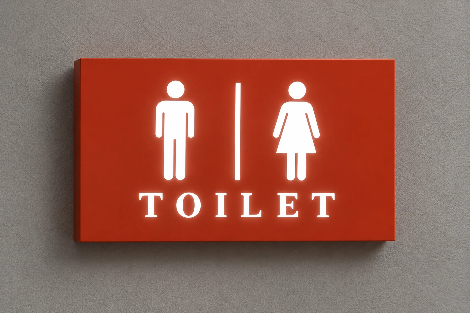 TOILET sign with illuminated flat text and symbols
