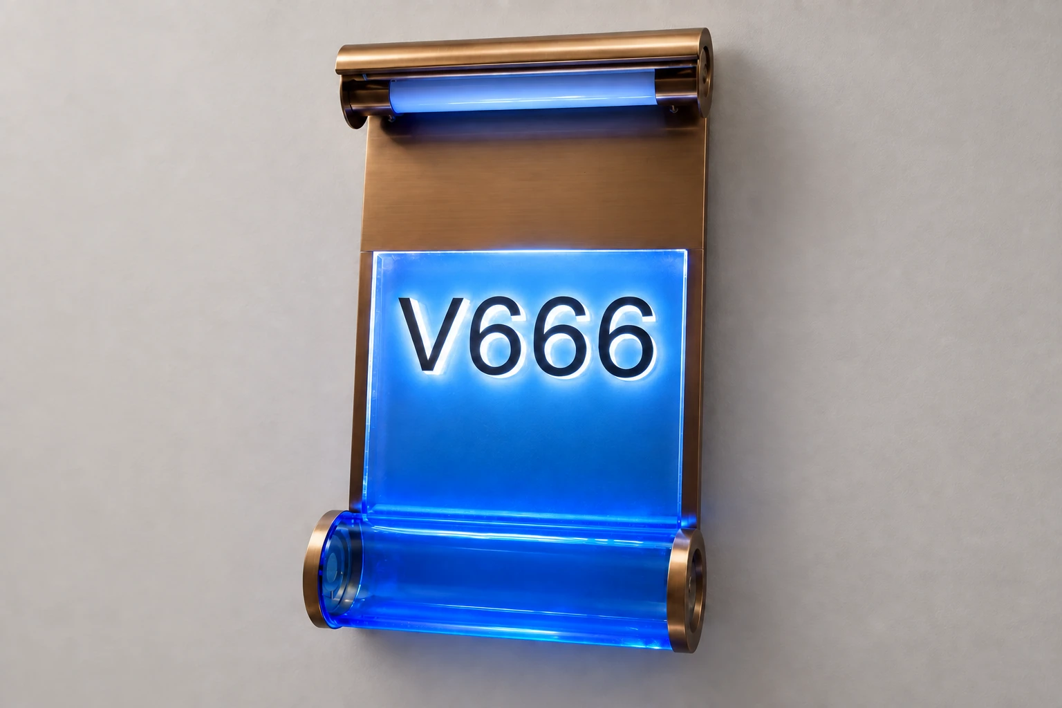 V666 room sign combining cool lighting and a metal frame