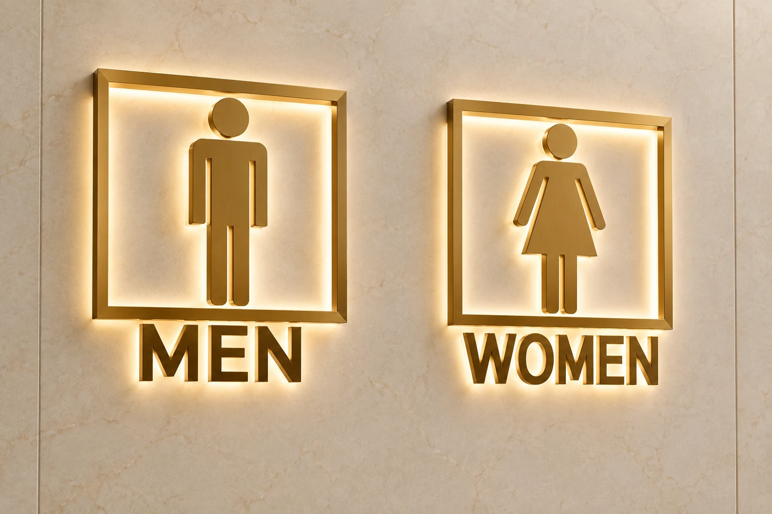 Restroom signs with clear male and female symbols and MEN and WOMEN text