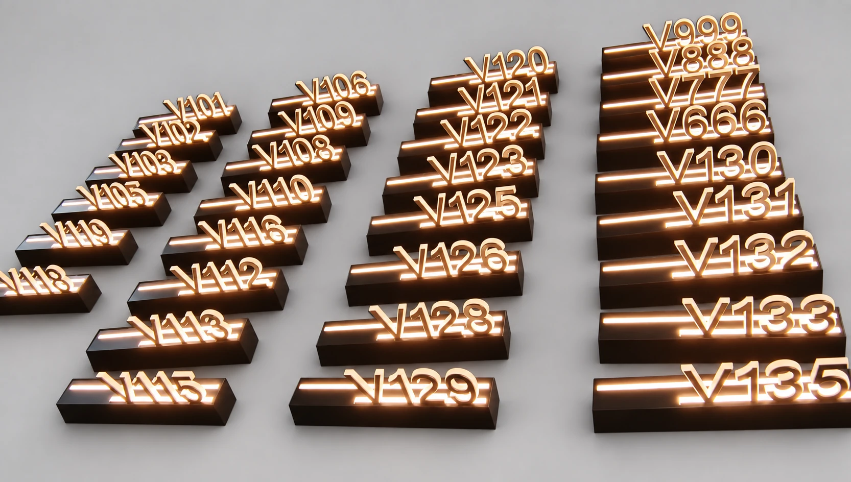 Four columns of V-series room numbers with warm white lighting and metal bases