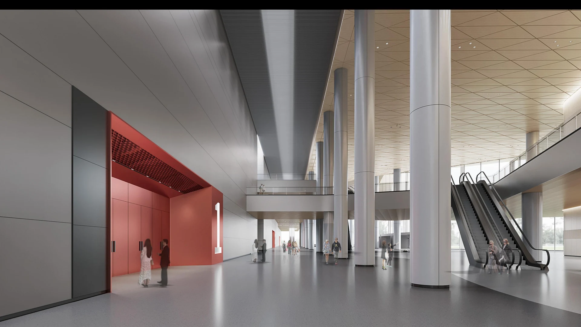 Catalog design reference showing metal walls in a large public interior