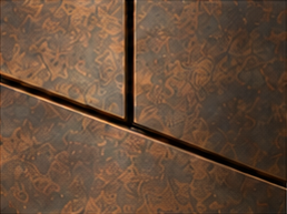 Patinated direction wall-panel design illustration showing surface character and panel joints